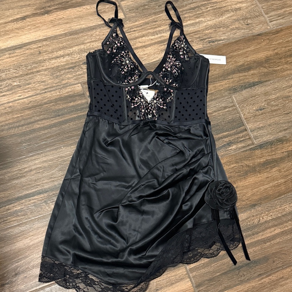 For Love And Lemons Black Chemise with Floral Embroidery